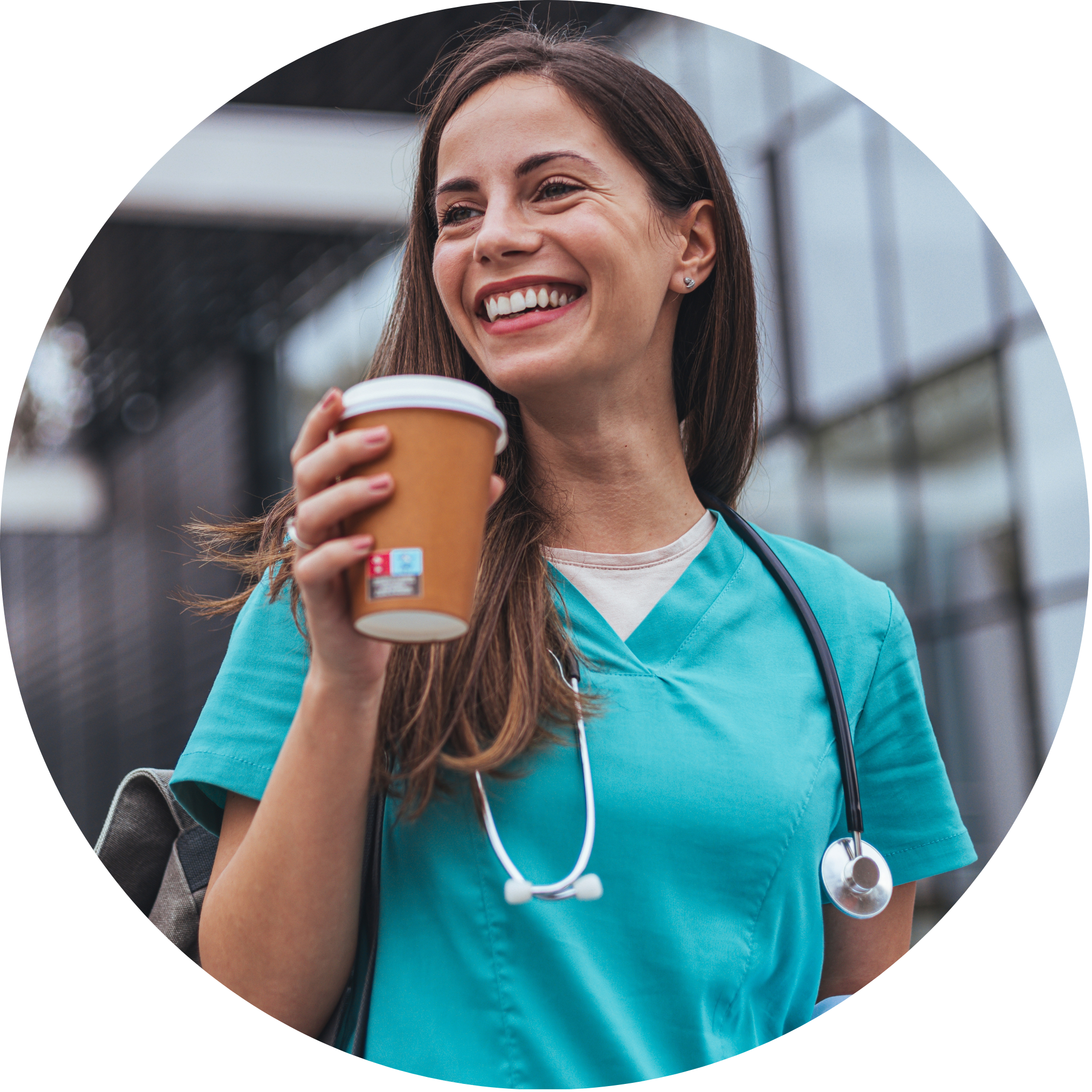 smiling nurse with coffee